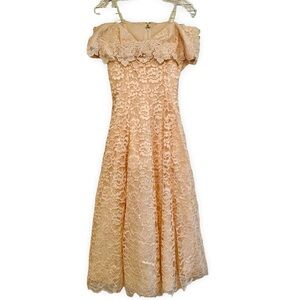 Vintage Dress Gown Cachet Floral Lace 80s Peach Off Shouder Midi Romantic XS